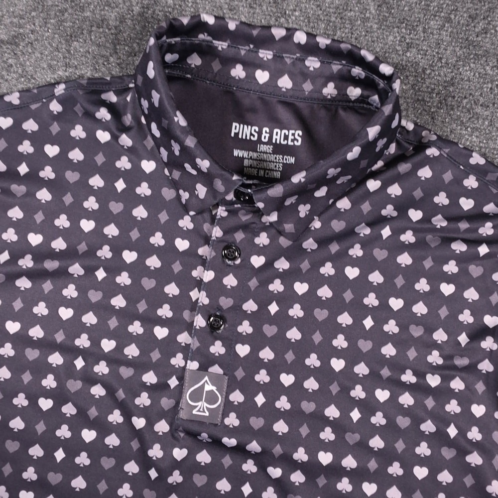 Pins & Aces Golf Polo Shirt Mens L Black Card Suits AOP Performance Stretch